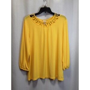 Covington Women’s L Yellow 3/4 Sleeve Blouse Loop Cutout Neck Stretch Top